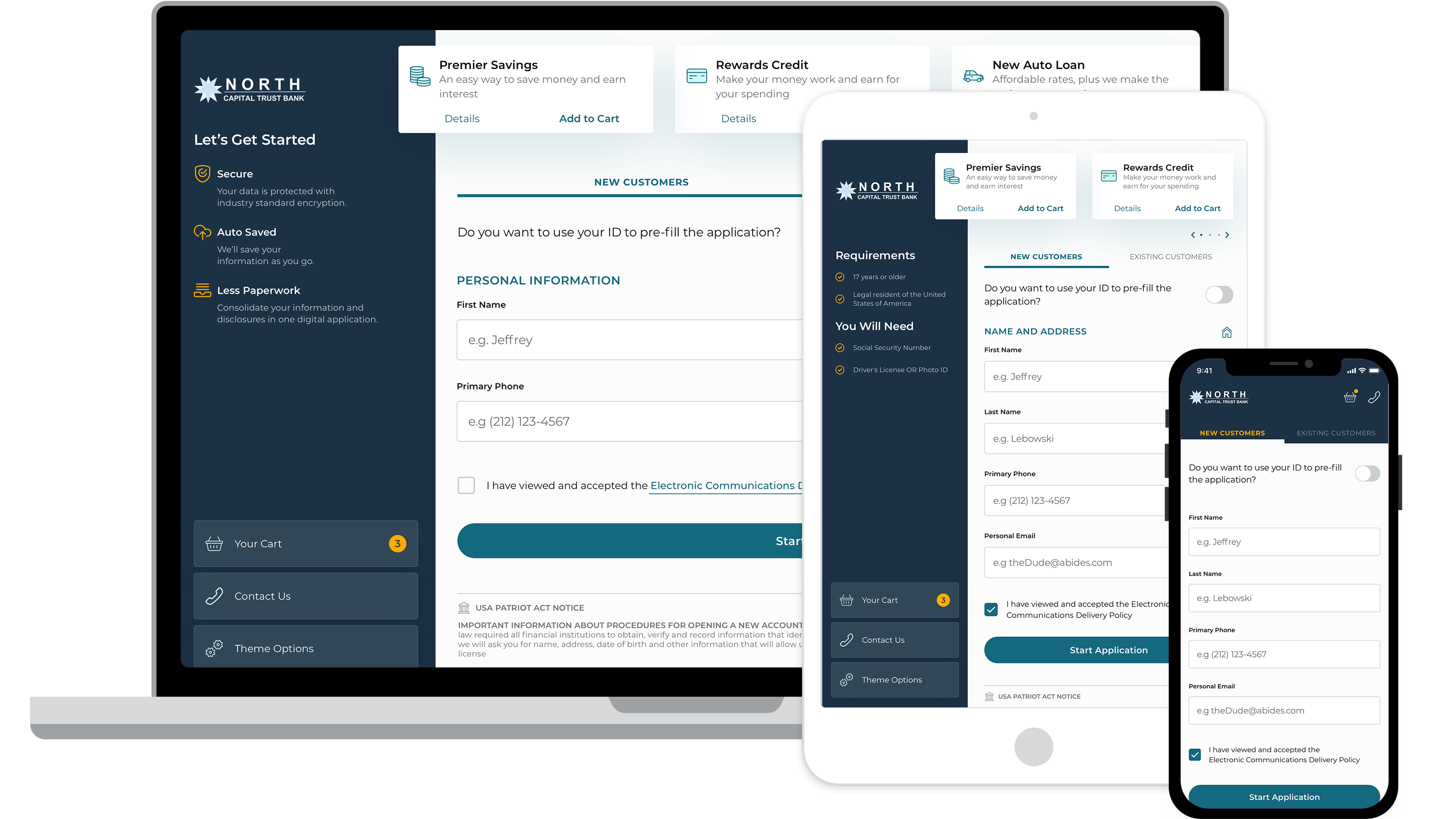 The Terafina platform before visual of three devices. A mobile phone, a tablet, and a desktop computer. The platform looks cluttered and hard to use.